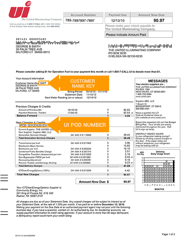 United Illuminating Bill POD, Name Key and Account Number Locations